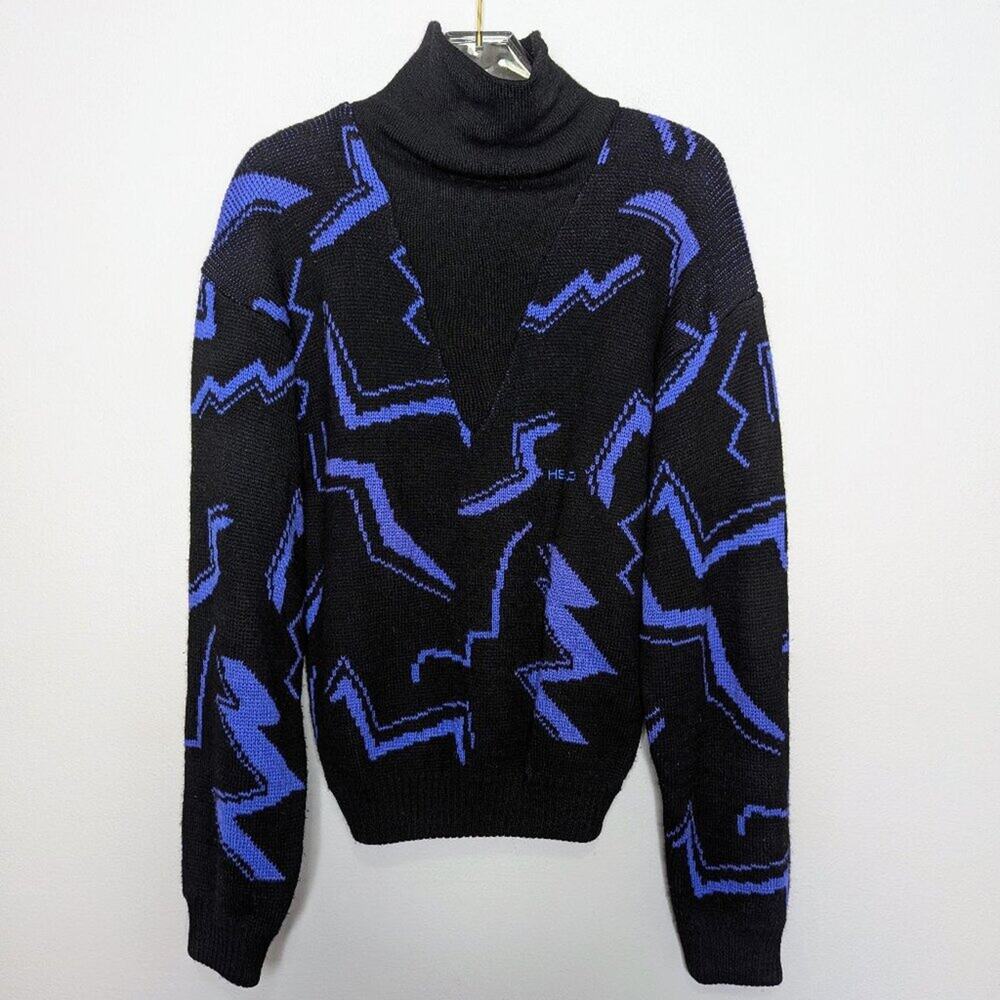 Head Sportswear Vintage 80's Black Blue Zig Zag Pattern Turtleneck Ski Sweater